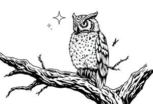 wise owl perched on ancient oak branch under starlit sky tattoo idea