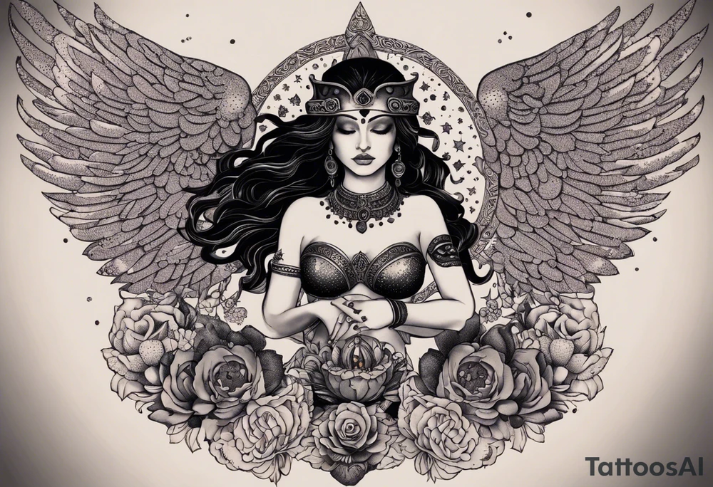 black kali, goddess pirate, alien, angel, pachamama, valkrye, warrior, flying, skull, lotus azul, wing, eagle, zenza resonance, stars, 5D, anahata chakra, death, durga, riding on a tiger, flying lady, chest tatoo tattoo idea