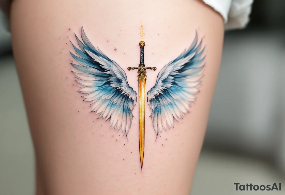Angel with Wings Spread – A majestic angel with feathered wings in shades of white and soft blue, holding a golden sword. tattoo idea