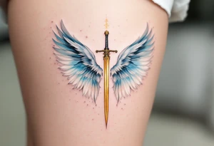 Angel with Wings Spread – A majestic angel with feathered wings in shades of white and soft blue, holding a golden sword. tattoo idea