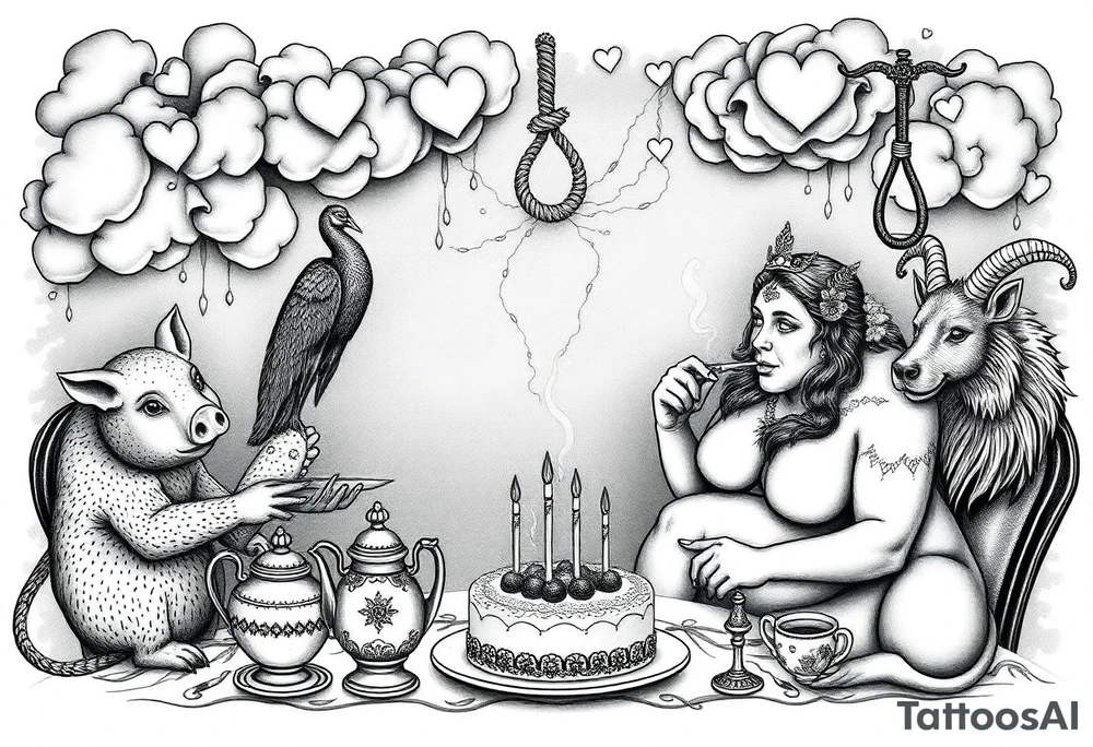 Storm clouds gothic sexy naked fat lady having a tea party with tea pots and 
with a pig, peacock, noose, lion, goat, smoking cigerettes looking in the mirror having sex with a man eating a cake thru storm clouds with knife and broken hearts and darkness and wrath, envy , gluttony, greed, sloth, pride kill tattoo idea