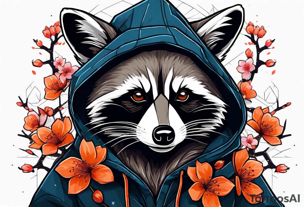 Raccoon wearing a white Superman logo on a black hoodie and orange Japanese cherry blossoms tattoo idea