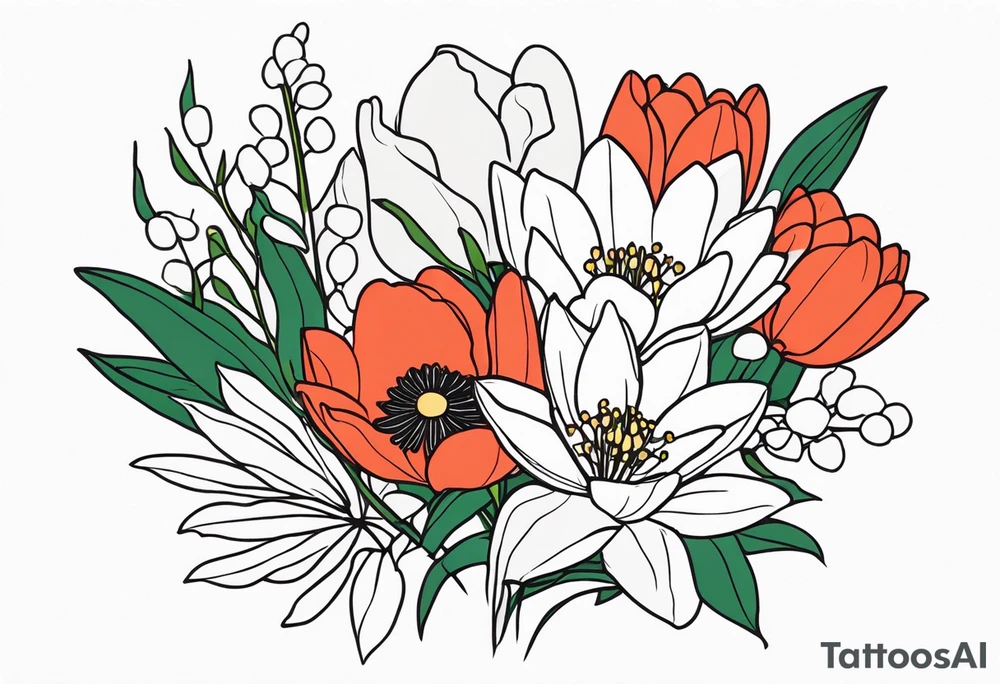 Poppy, water lily, Lily of the valley, flower bouquet, portrait style tattoo idea