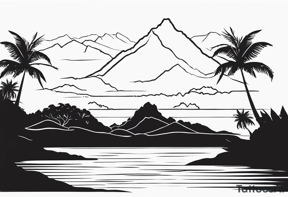 Map of the eastern Caribbean islands with an ocean view of the island mountains across the sea in the background tattoo idea