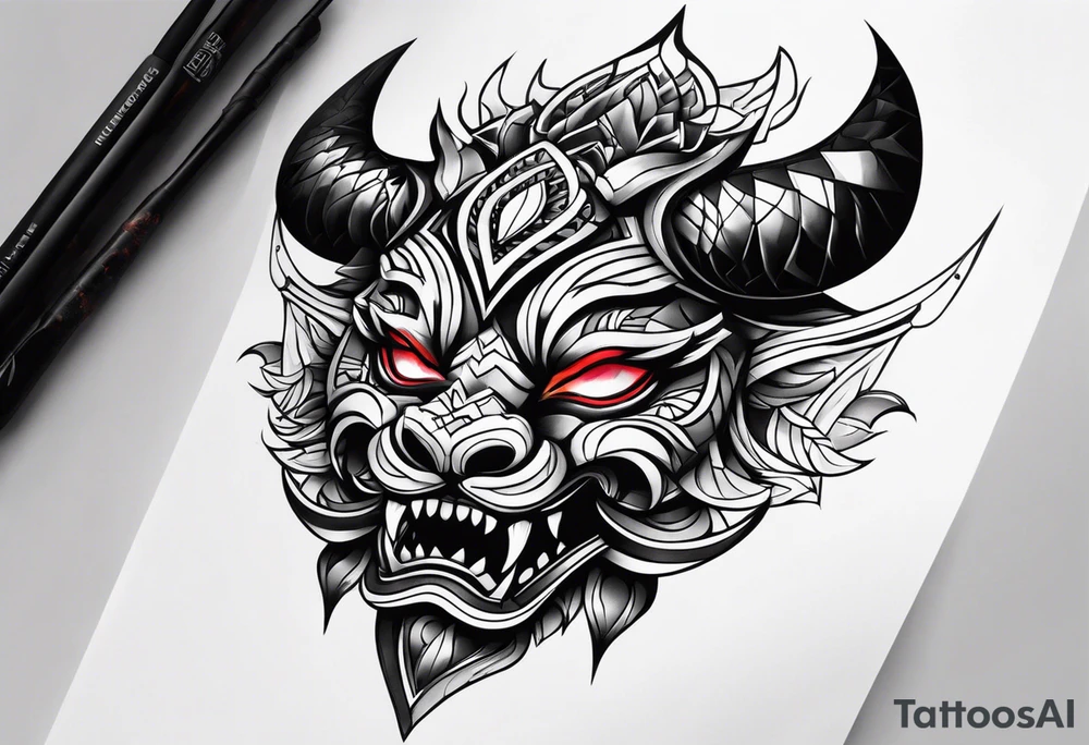 Um gueixa com máscara oni segurando um leque tattoo idea