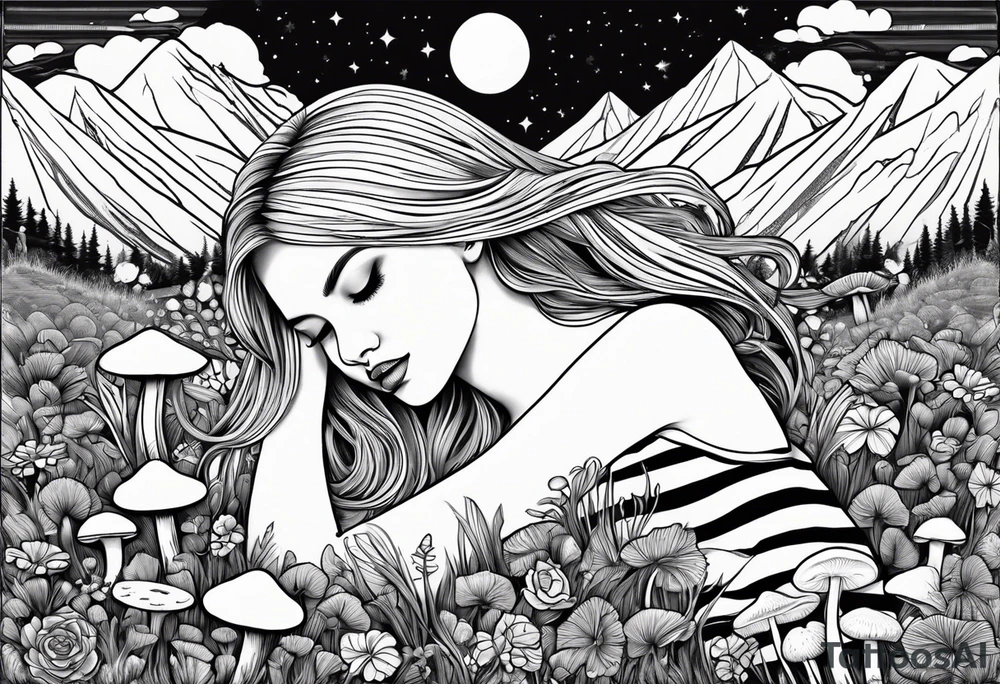 Straight blonde hair girl in black and white striped dress sleeping in a field of mushrooms with mountains s
and crescent moon mandala background tattoo idea