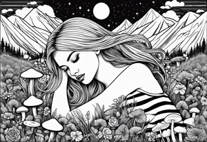 Straight blonde hair girl in black and white striped dress sleeping in a field of mushrooms with mountains s
and crescent moon mandala background tattoo idea