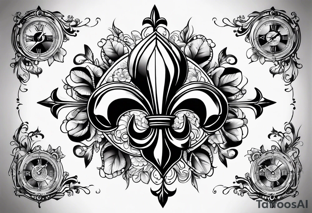 fleur de lis with compass and clock tattoo idea
