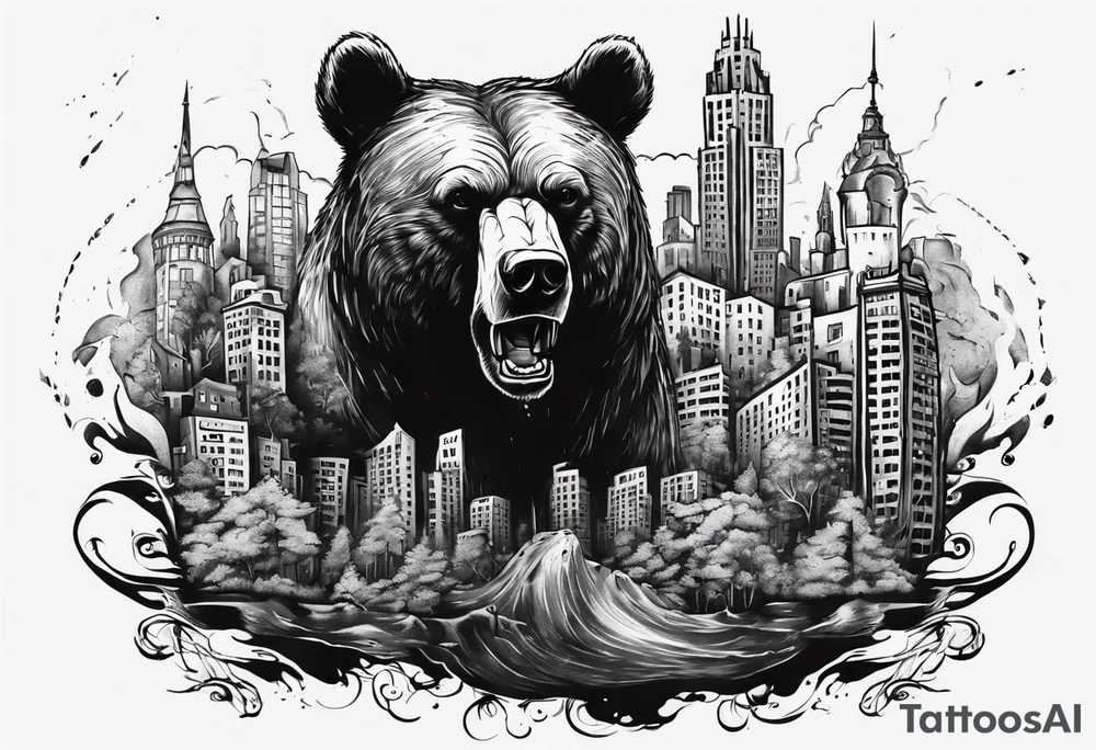 Serious bear coming up behind a city tattoo idea