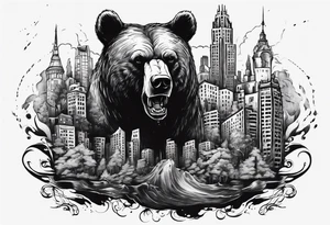 Serious bear coming up behind a city tattoo idea