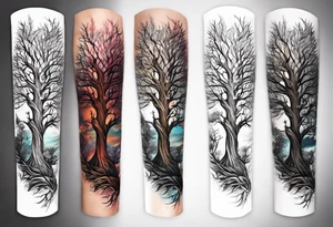 A religious christian forearm tattoo portraying redemption represented by a tree progressing from death to life tattoo idea