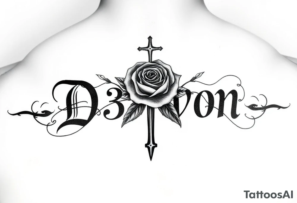 Name D3von with a rose and cross in the middle on a arm tattoo idea