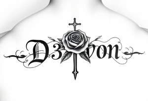 Name D3von with a rose and cross in the middle on a arm tattoo idea