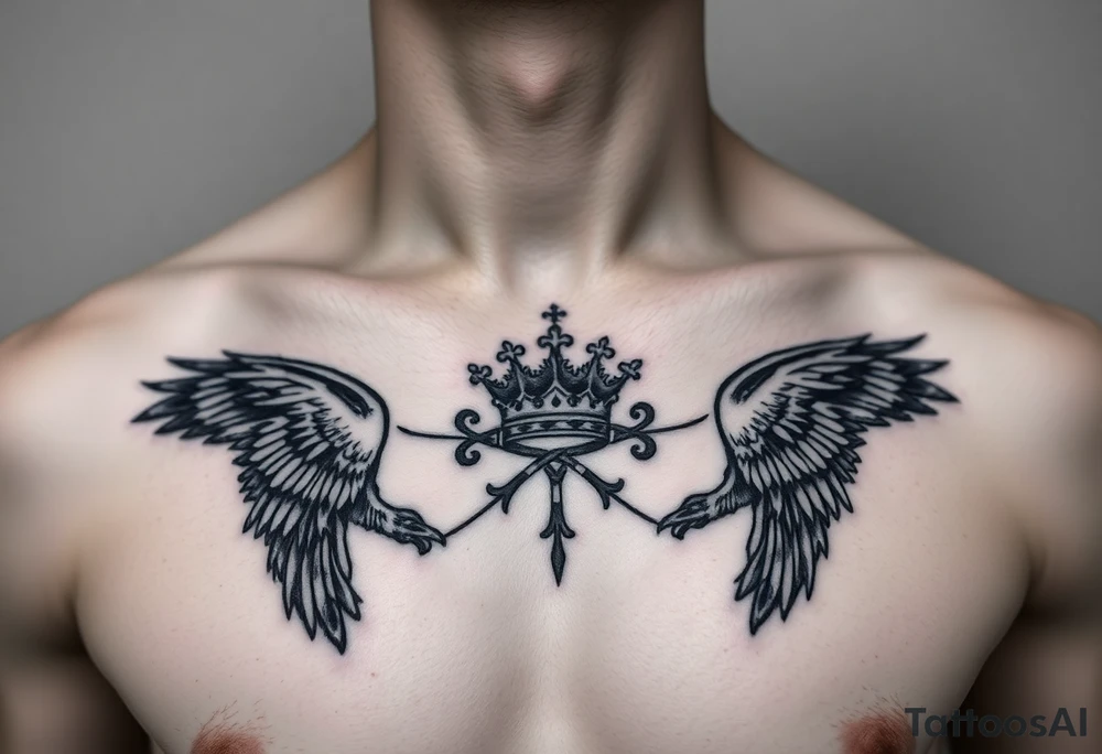 Chest tattoo, two ravens and icelandic symbols, dark brest tattoo, crown betwen ravens tattoo idea