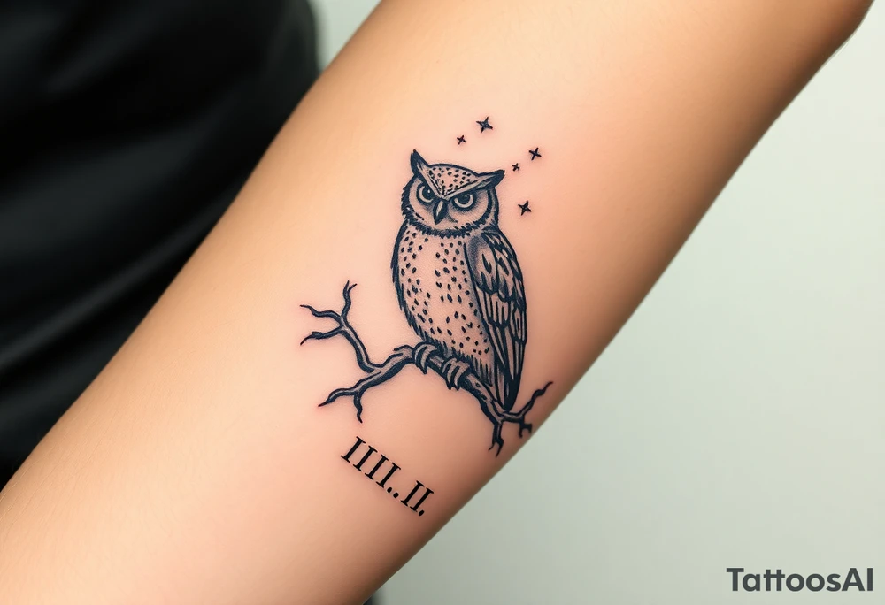 wise owl perched on ancient oak branch under starlit sky with “ VIII.III.MMXIV” underneath in Roman style font tattoo idea