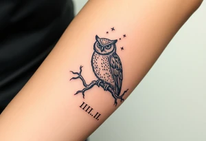 wise owl perched on ancient oak branch under starlit sky with “ VIII.III.MMXIV” underneath in Roman style font tattoo idea