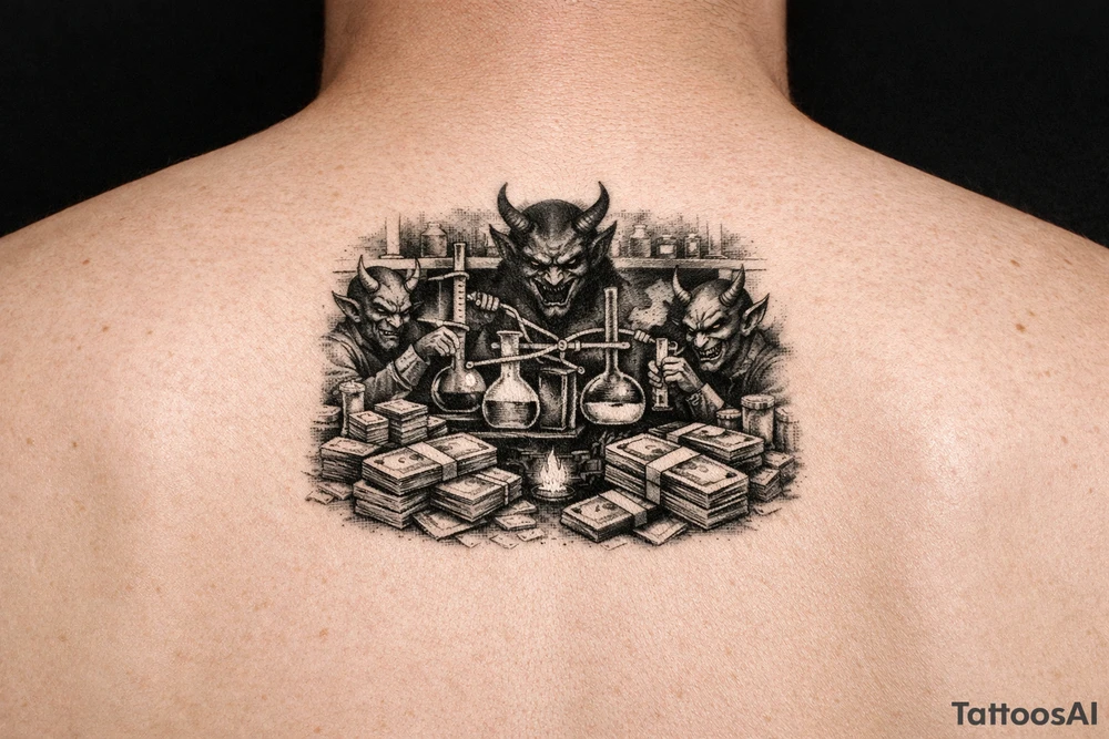 Meth lab with demons and money tattoo idea