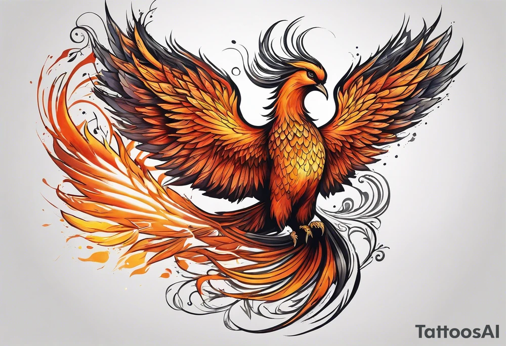 Tattoo: A powerful, majestic phoenix, depicted mid-flight or rising, with wings extended and feathers flowing. Deep shading and intricate details to bring out the texture and motion of the feathers. Style: Realism. tattoo idea