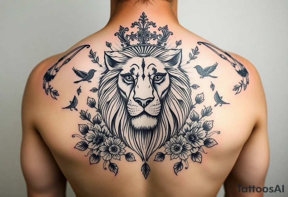 powerful majestic lion with a crown, surrounded by floral ornaments and birds tattoo idea