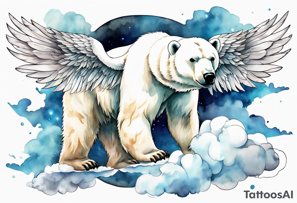 a polar bear with wings surrounded by clouds in the sky tattoo idea
