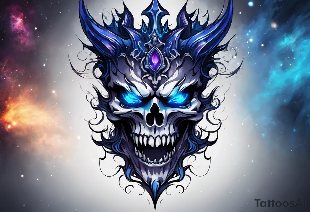 a demonic face with blue flames as majestic crown, deep set glowing galaxy styled eyes, skull faced with slightly open mouth and slight sliver of fangs, tattoo idea