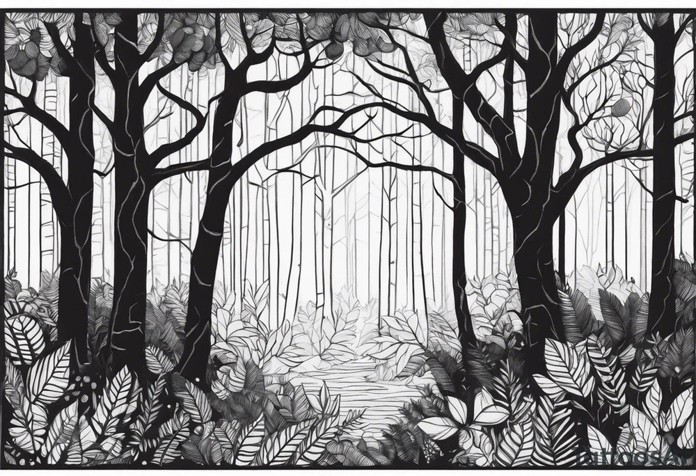 Draw me a Magical forest with s lot of trees in 2D and every tree is black and you see every treetop tattoo idea