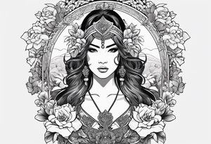 ornate beautiful woman warrior with weapon & floral arch background tattoo from head to torso tattoo idea
