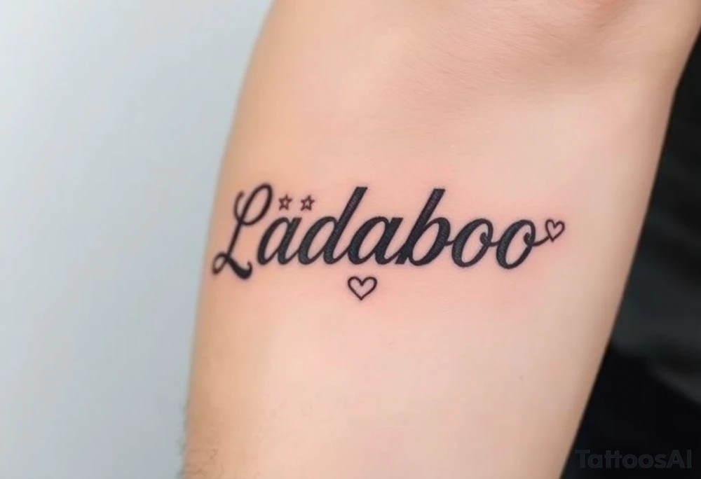 The name Ladaboo with stars and hearts around the name tattoo idea
