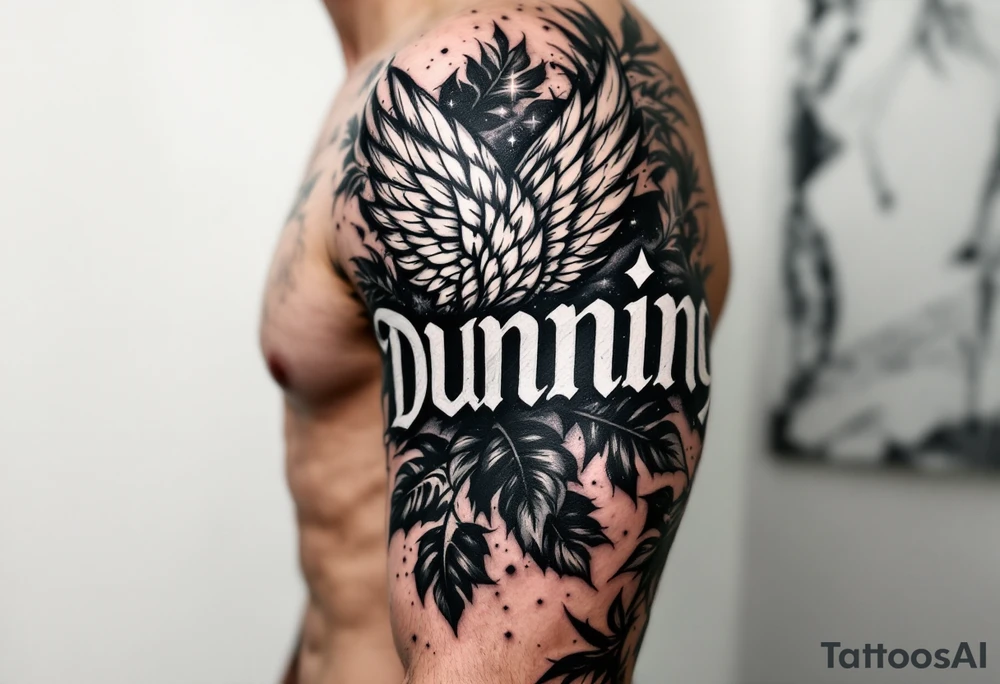 Dunning, Details include on left arm, name in white color,angel wing, wet jungle leaves,cool font, galaxy background filling, tattoo idea