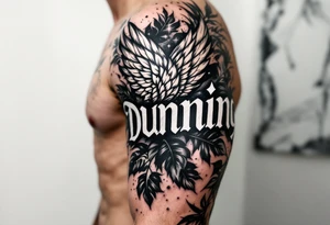 Dunning, Details include on left arm, name in white color,angel wing, wet jungle leaves,cool font, galaxy background filling, tattoo idea