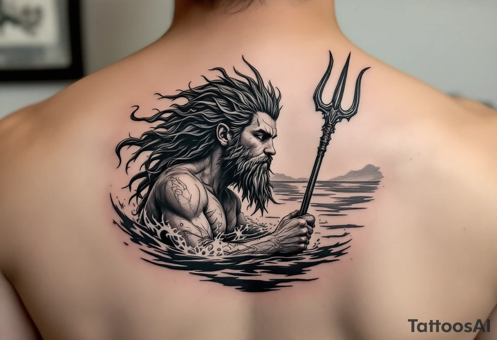 young poseidon, with trident, in water, looking at the horizon tattoo idea