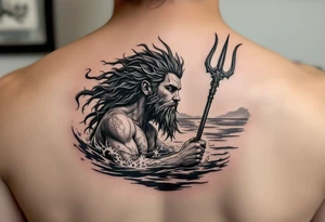 young poseidon, with trident, in water, looking at the horizon tattoo idea