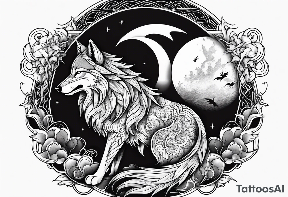 wolf with a dragon and lightning and the moon in the background tattoo idea