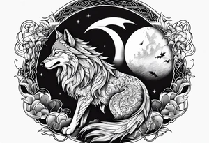 wolf with a dragon and lightning and the moon in the background tattoo idea