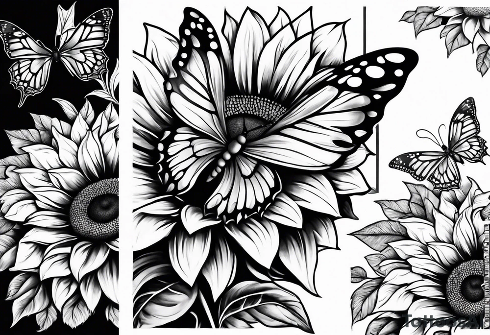 Sunflower and butterfly leg sleeve tattoo idea