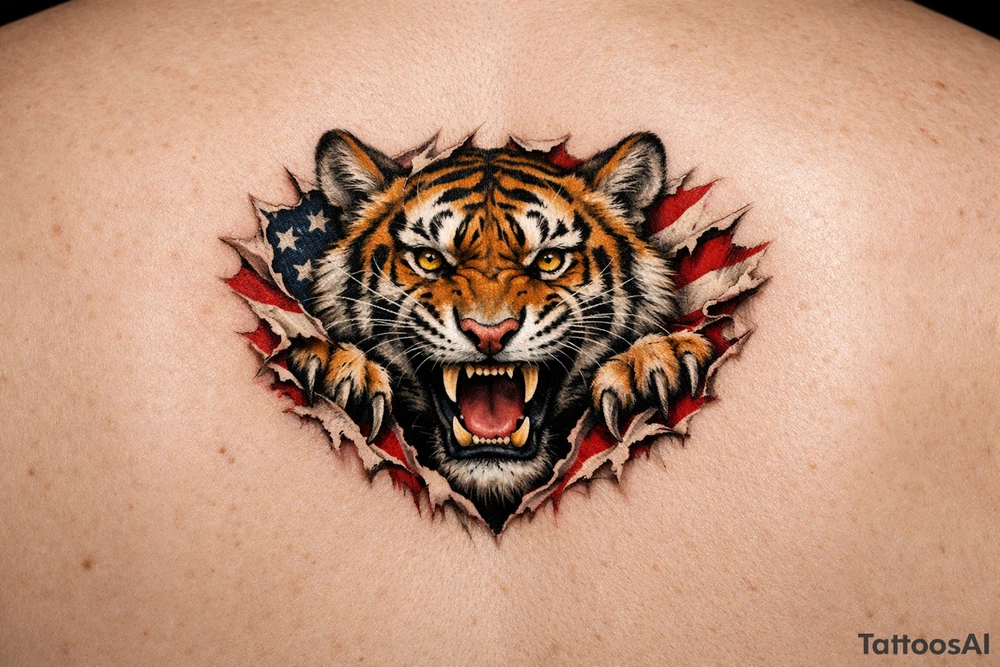 Tiger ripping throught the chest with the American Flag in the background. Almost like the Amercian Flag is the blood of the body. Make it bigger and add color. The tiger should be more front. So the ears are out from the body. Bigger. This is on the chest. Not the back. tattoo idea