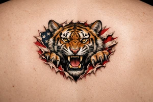 Tiger ripping throught the chest with the American Flag in the background.  Almost like the Amercian Flag is the blood of the body.  Make it bigger and add color.  The tiger should be more front.  So the ears are out from the body.  Bigger.  This is on the chest.  Not the back. tattoo idea