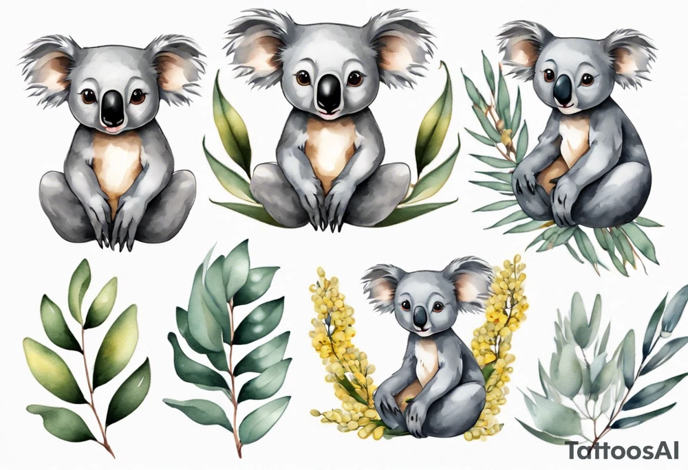 Cartoon koala sitting on wattle and eucalyptus leaves tattoo idea