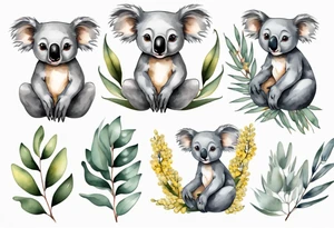 Cartoon koala sitting on wattle and eucalyptus leaves tattoo idea