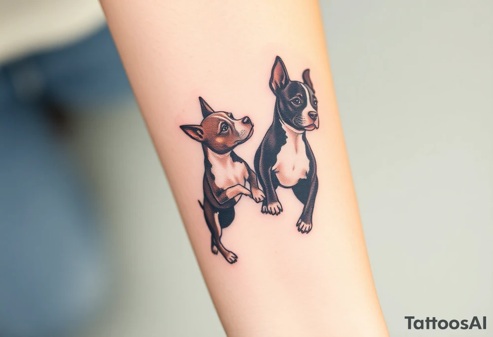 rednose pitbull and black and white blue heeler dogs playing together tattoo idea
