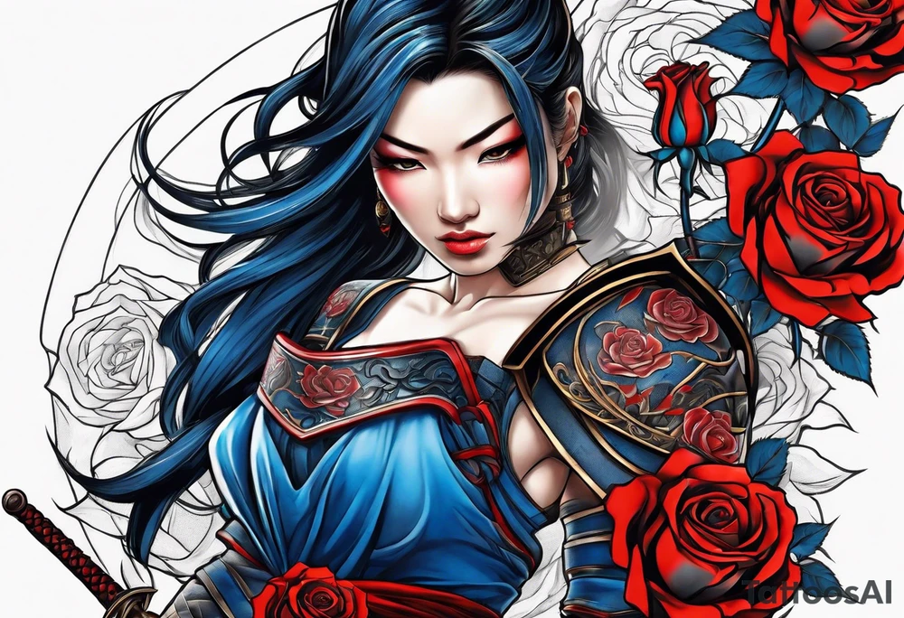 Armored Samurai woman Colored blue and red roses tattoo idea