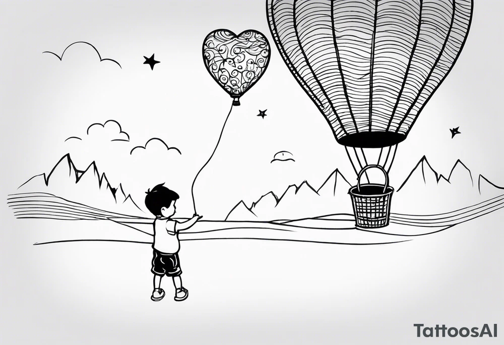 tatoo in sketch style only.
A little boy is holding a string to the earth shaped baloon.
boy should be drawed from behinfd anhas one hand reaching up in 45 degree angle and holding the baloon string
the string has a big wave look like a hearbeat pulse.
hearth party baloon is tattoo idea