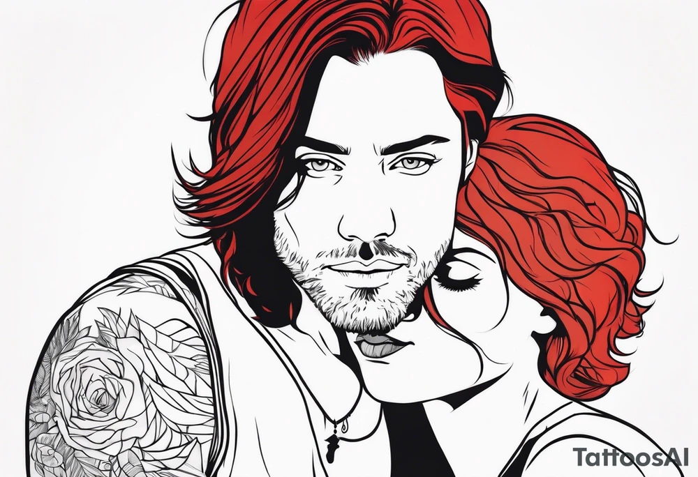 Busty red haired woman with a bearded man who has black hair tattoo idea