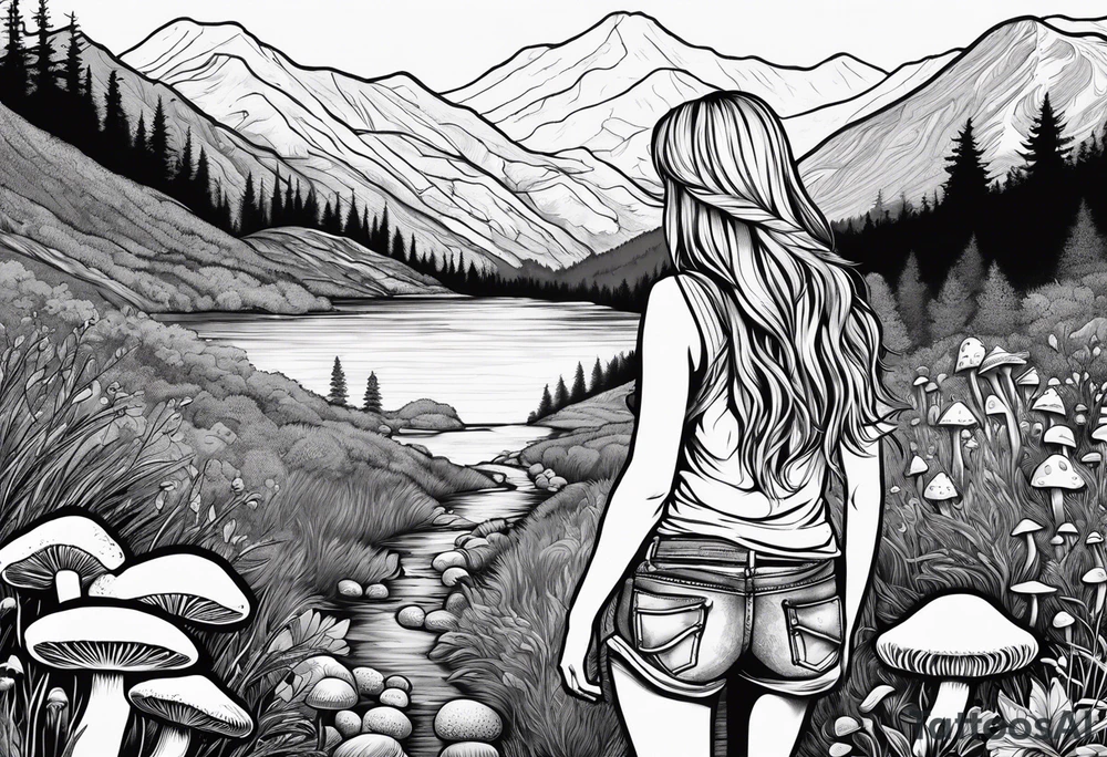 Straight long blonde hair hippie girl in distance holding mushrooms in hand facing away toward mountains and creek surrounded by mushrooms tee shirt and hiking pants tattoo idea