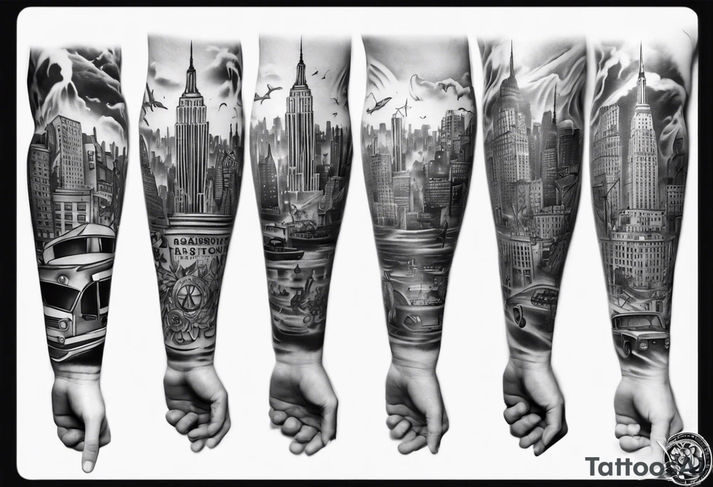 full arm sleeve tattoo based on new york city tattoo idea