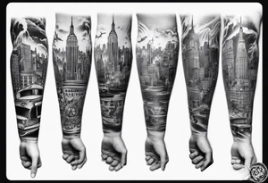 full arm sleeve tattoo based on new york city tattoo idea
