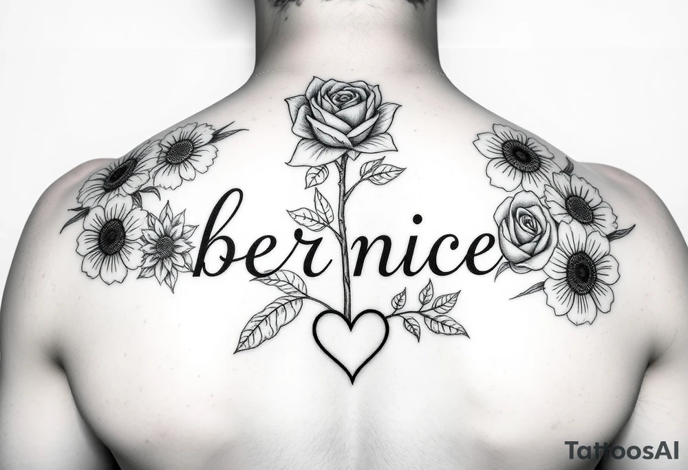 Flowers around the name bernice a rose saying Eloise Burris with a tree stem saying shirley Ann Loving Scott with sunflowers coming out the stem a cloud saying white cloud and a rose stem saying Sayquan and quazeik with a  heart tattoo idea