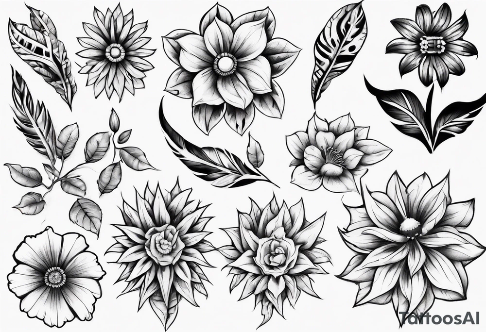 indigenous flower designs along with leaves and big flowers tattoo idea