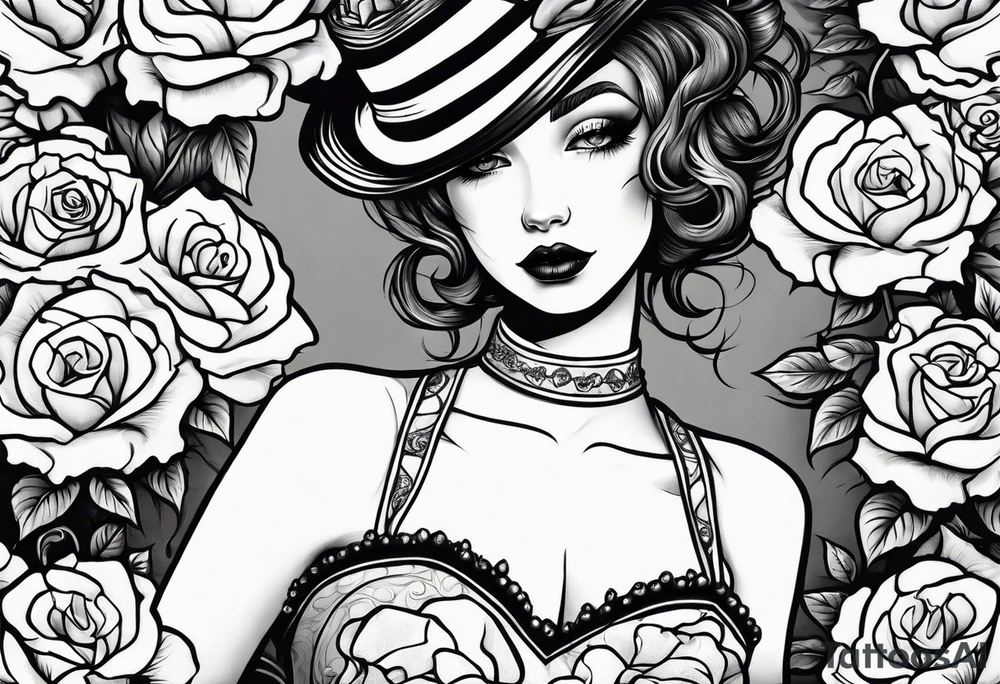 mime girl in white dress surrounded by roses tattoo idea