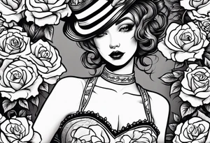 mime girl in white dress surrounded by roses tattoo idea